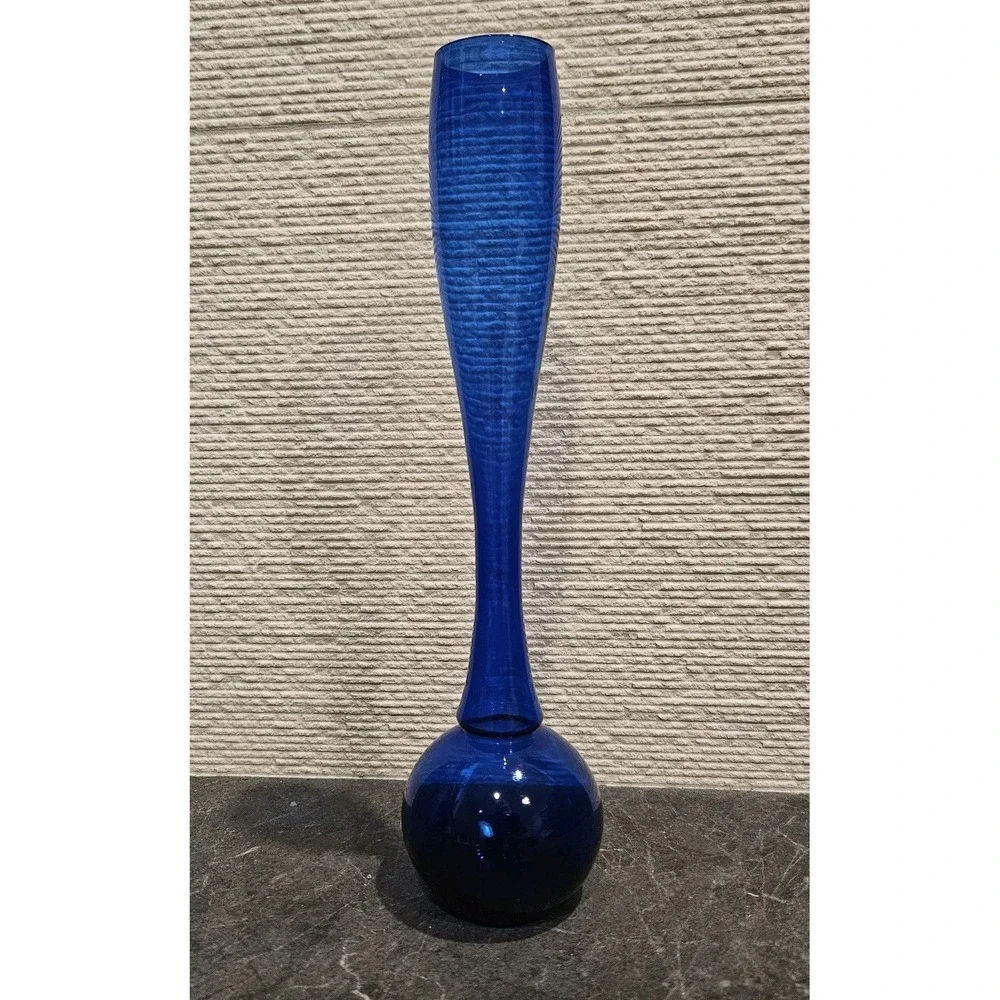 Beautiful Swedish Style Blue Glass  Bubble Vase MCM Art Glass Slender Neck
